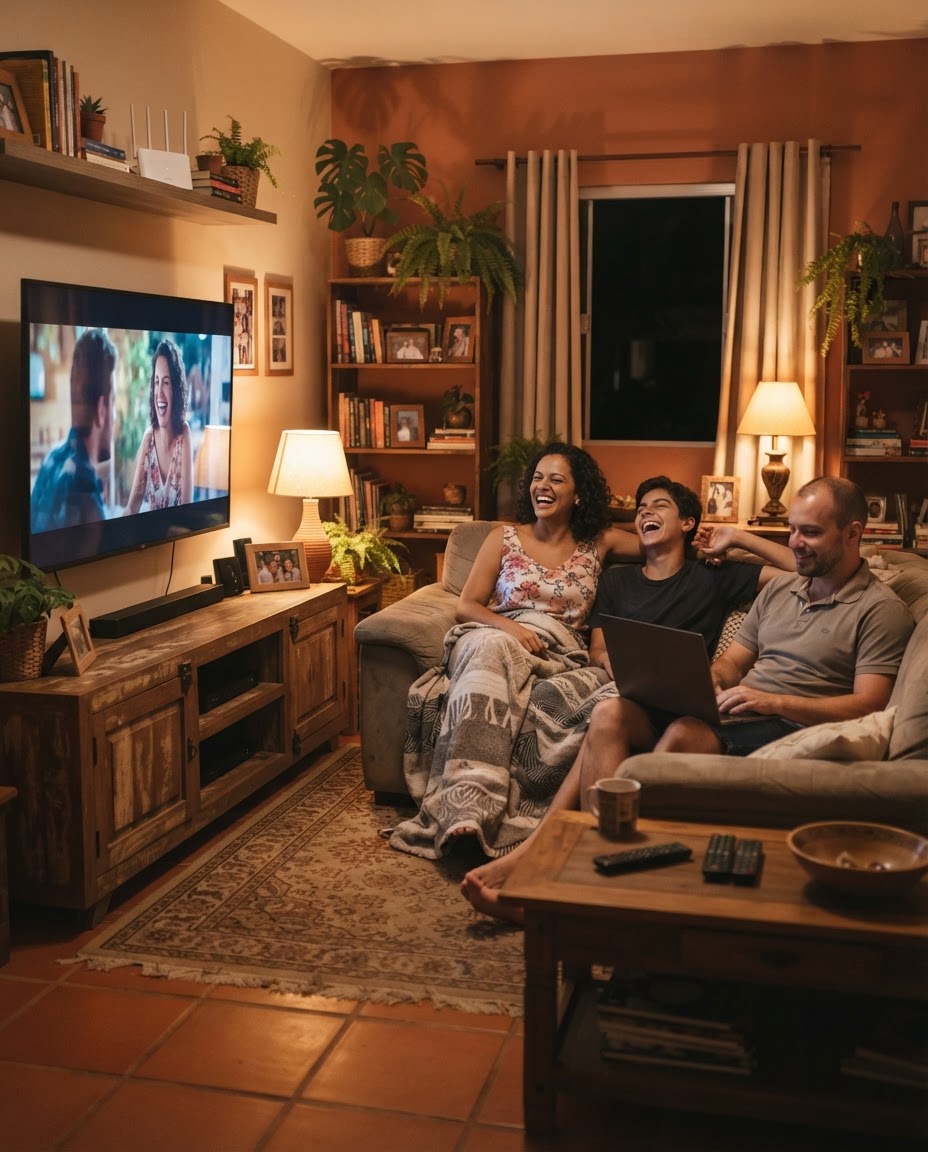Família usando a internet fibra da Única Fibra